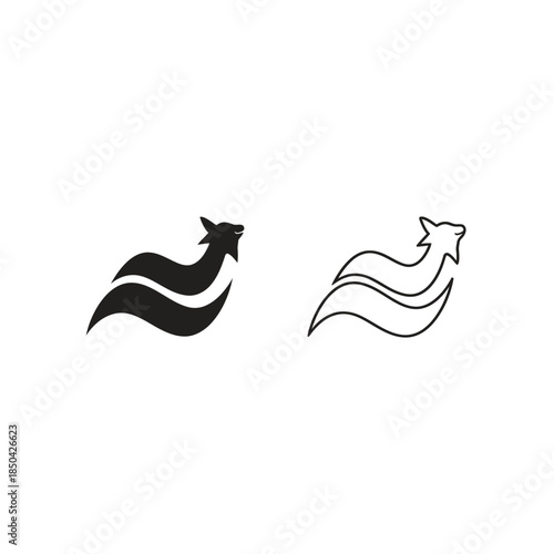 Black and white fox or wolf logo icons with flowing lines animal