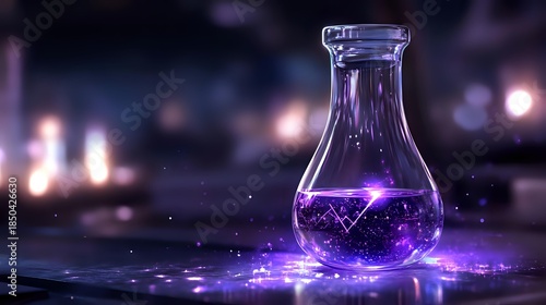 Glass laboratory flask with glowing purple liquid on dark surface with bokeh lights background for science and chemistry concepts.