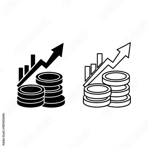 Black and white icons of stacked coins with a rising bar graph and arrow money finance