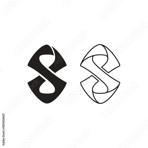 Black and white infinity loop symbol and outline on white background abstract shape