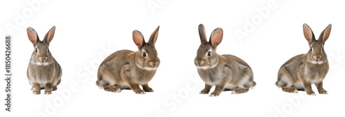 Set of realistic brown rabbit collection isolated on transparent PNG background, oil paint