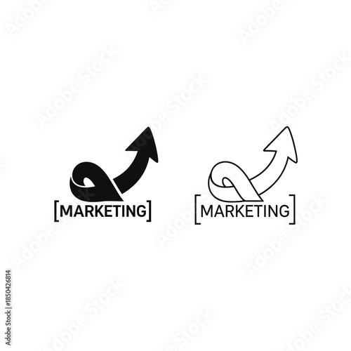 Marketing Arrow Icon Silhouette and Outline with Text on White Background abstract black