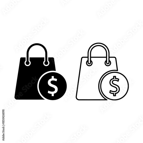 Shopping Bag and Dollar Coin Icon Silhouette and Outline on White Background black cart