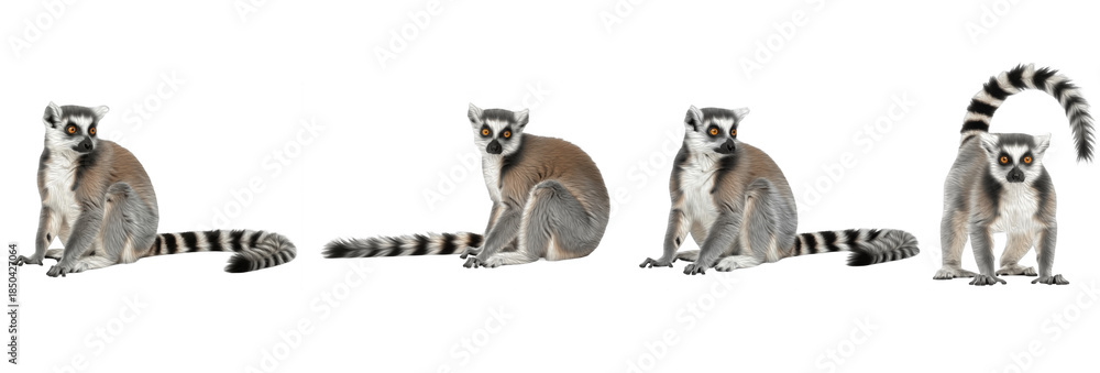 Naklejka premium Set of realistic ring tailed lemur collection isolated on transparent PNG background, oil paint
