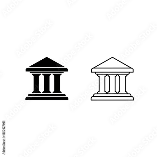 Two stylized icons of a classical building with columns and a pediment architecture