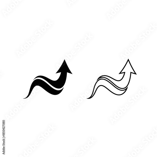 Two stylized upward pointing arrows with wavy lines one solid black and one outlined on white direction