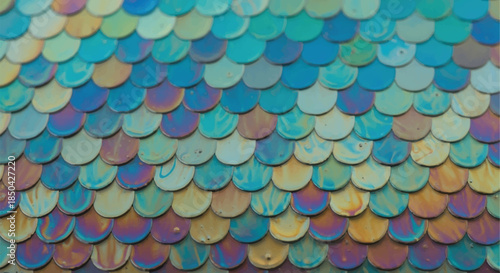 Close Up Iridescent Fish Scales Texture Background with Blue and Gold