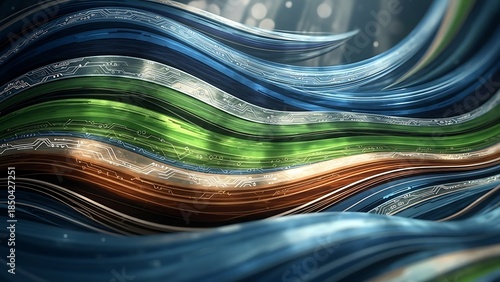 A mesmerizing abstract composition of thick, flowing liquid ribbons in metallic blue, emerald green, and copper, featuring intricate textures that resemble polished stone and flowing glass.