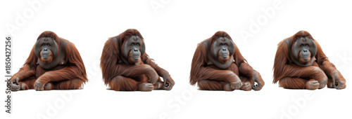 Set of orangutan sitting in different poses isolated on transparent PNG background, oil paint