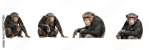 Set of chimpanzee sitting in different poses isolated on transparent PNG background, oil paint