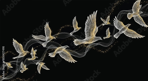 Elegant Golden Smoke Trail Flying Birds Silhouette on Black Background