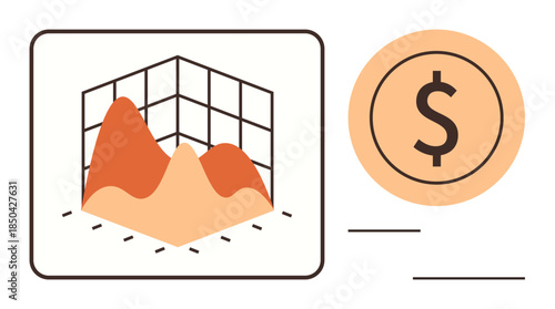 3D graph with orange peaks near a grid paired with a dollar icon. Ideal for finance, economics, investment, market trends, statistics, budgeting, profitability. Clean simple flat metaphor