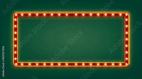 Retro Vintage Neon Frame with Illuminated Light Bulbs on Green Background