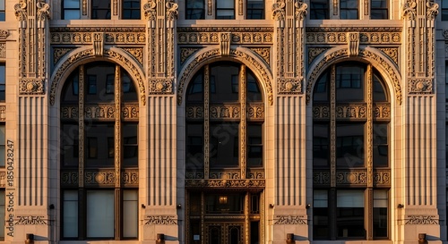 Ornate Art Deco Building Facade with Large Arched Windows.