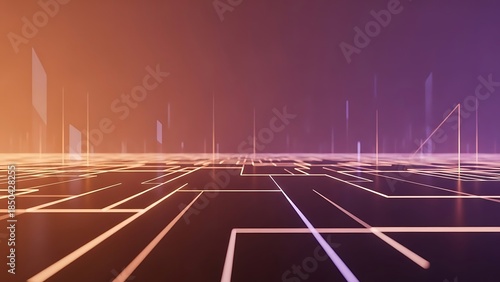 A futuristic digital landscape featuring a glowing orange and purple grid floor with vertical light beams extending into a vibrant, hazy horizon, evoking a sense of high-speed data transfer.