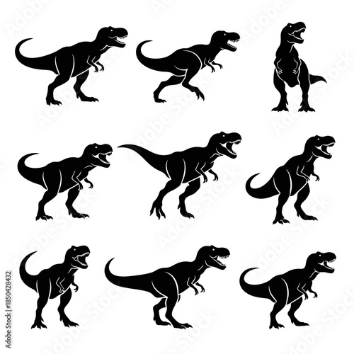 Dinosaur Action Pose Icon Collection Featuring Multiple Movement Variations