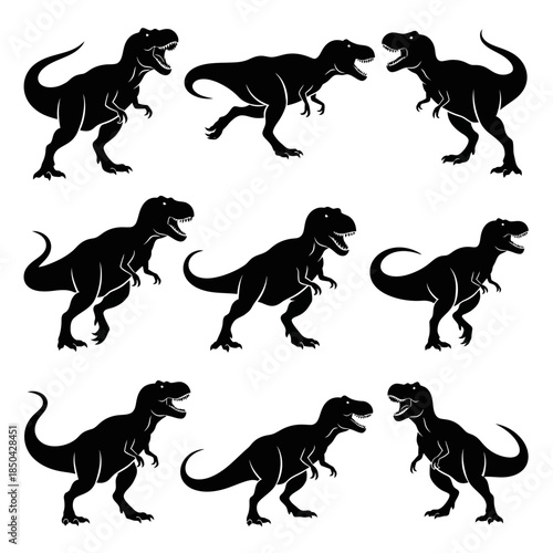 Dinosaur Silhouette Icon Set Showing Running and Standing Reptile Poses