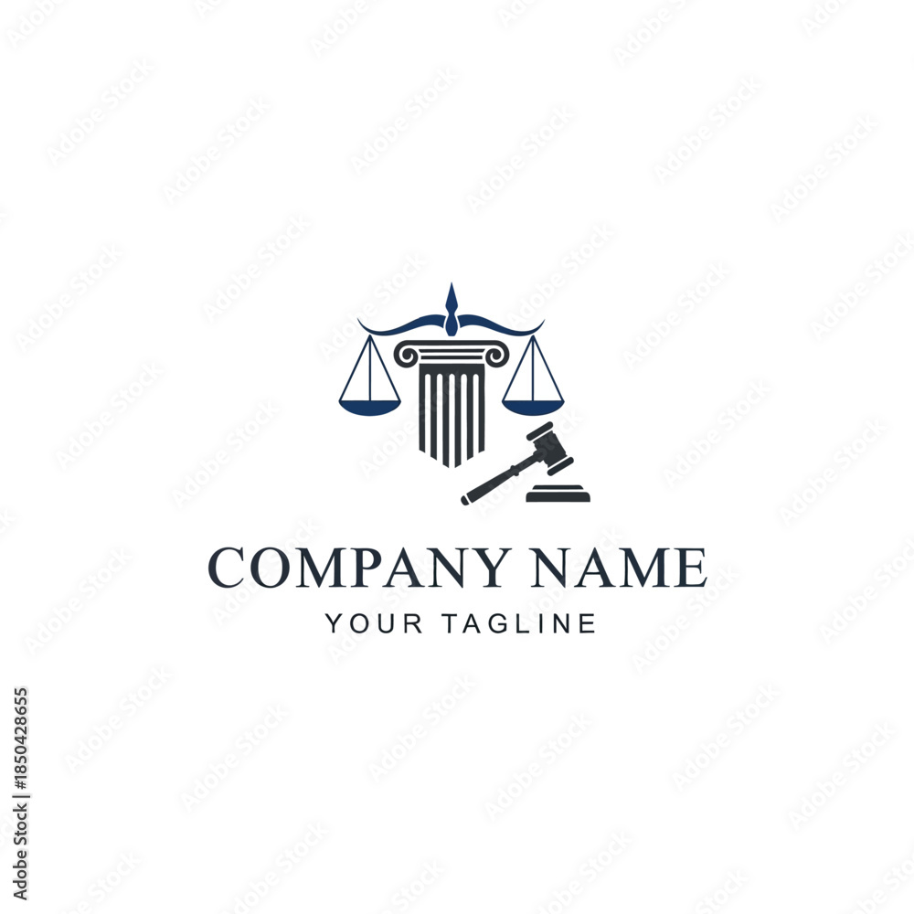 Obraz premium Professional legal firm logo with scales of justice, classical column, and gavel, representing law and order.