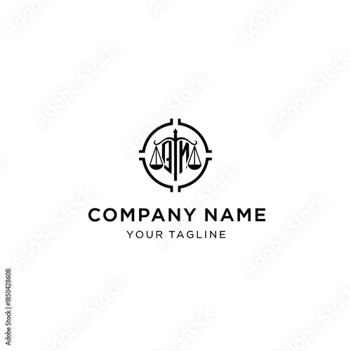 Black and white logo featuring a scale of justice symbol enclosed within a circular target icon, with placeholder text for company name and tagline.