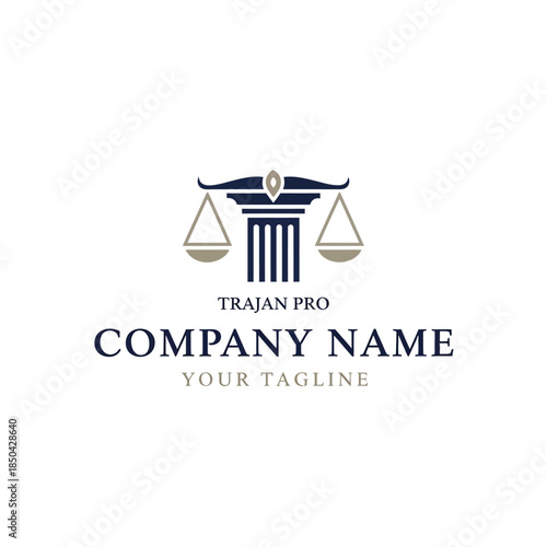 A logo featuring a classical column with a balance scale on top, representing justice and law, with placeholder text for company name and tagline.