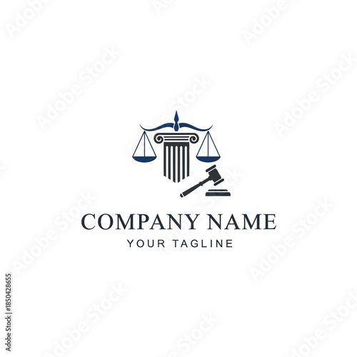 Professional legal firm logo with scales of justice, classical column, and gavel, representing law and order.