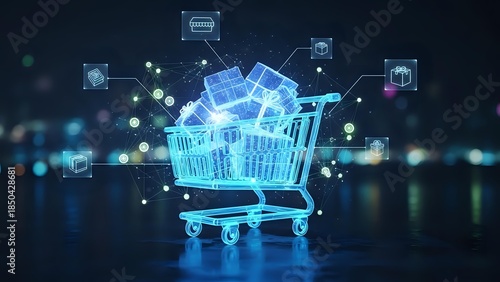 Digital shopping cart with glowing blue holographic interface and floating icons representing modern e-commerce technology and online retail experience.