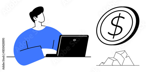 Freelancing, remote work, financial management, productivity, business income, online jobs. Person using laptop near a dollar coin and charts. Freelancing and financial management concepts