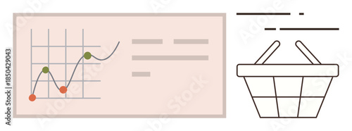 Rising and falling line graph with data points beside a shopping basket. Ideal for marketing, retail analytics, sales trends, consumer behavior, business growth, e-commerce, simple flat metaphor