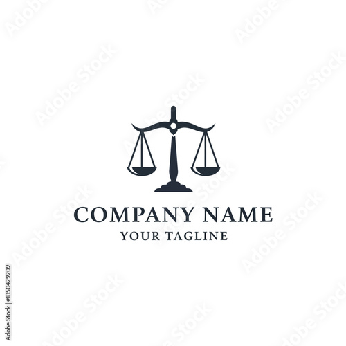 Black silhouette of a classic balance scale logo with placeholder text 'COMPANY NAME' and 'YOUR TAGLINE' on a white background, symbolizing justice and law.