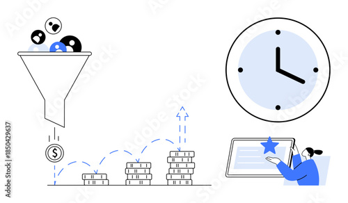 Marketing, business strategy, time management, lead conversion, growth, online learning. Funnel filtering users, rising coins clock person at screen. Marketing and business strategy illustrations