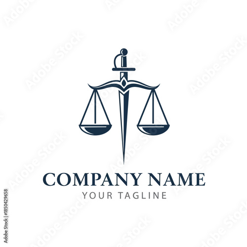 Elegant logo featuring a sword piercing through the scales of justice, symbolizing law, fairness, and business integrity, with placeholder text below.
