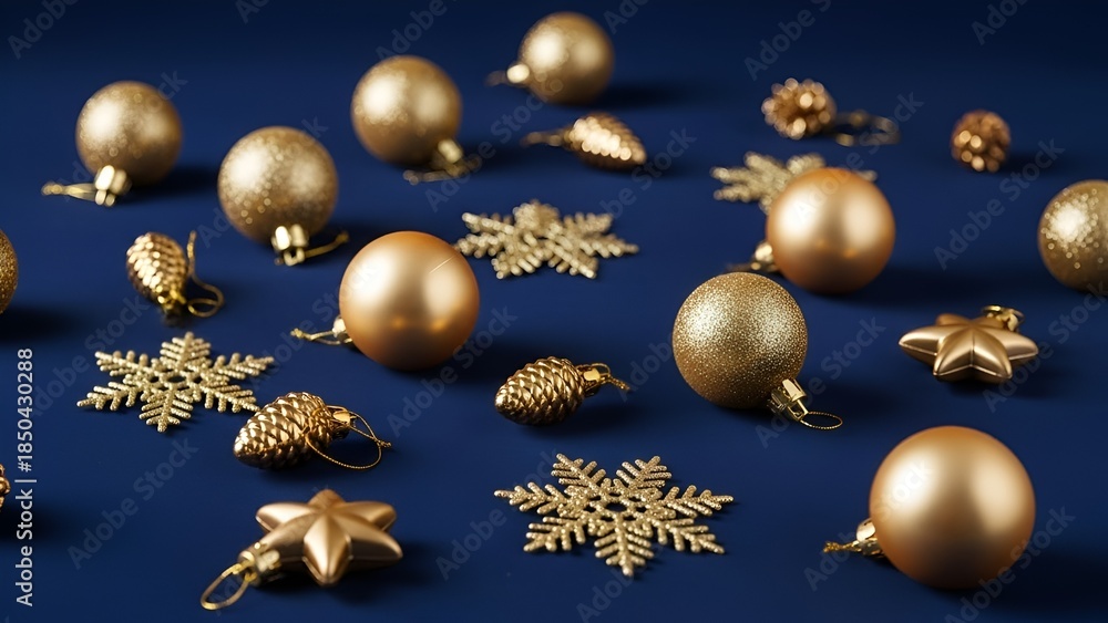 Fototapeta premium Elegant festive arrangement of golden christmas ornaments scattered on deep blue surface