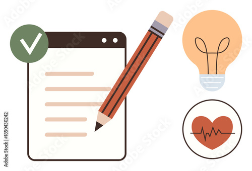 Checklist with checkmark, pencil, light bulb, heartbeat icon representing productivity, creativity, health. Ideal for project management, organization, brainstorming education healthcare planning