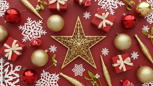 Festive christmas composition with ornate star snowflakes gifts and elegant baubles
