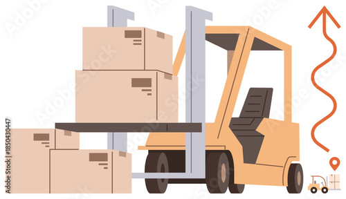 Forklift lifting stacked boxes symbolizing logistics, shipping, storage, and delivery. Ideal for warehouse management, supply chain, inventory, transportation, business efficiency simple flat