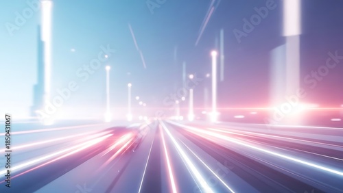 A high-energy, futuristic speedway with vibrant light trails in pink, white, and violet. The cinematic motion blur and radiant flares create a sophisticated sense of rapid, high-tech movement.