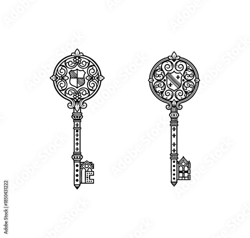Antique Skeleton Key with Filigree and Shield Illustration