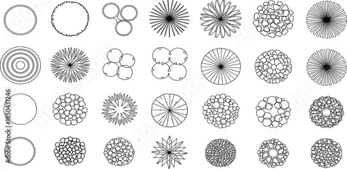 Collection of various black and white botanical illustrations representing different types of trees and plants seen from above