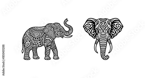 Black and white decorative elephant with abstract geometric patterns