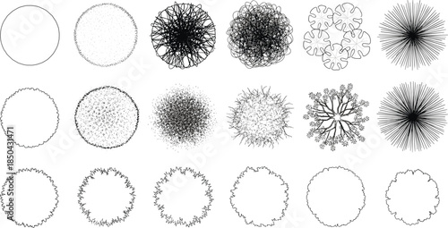 Collection of artistic circular patterns, abstract drawings, and graphic design elements