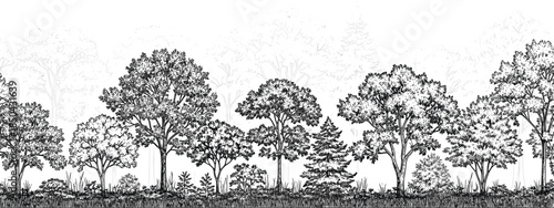 Monochrome hand-drawn forest edge illustration featuring a diverse collection of trees and bushes, ideal for nature-themed graphic design projects and backgrounds