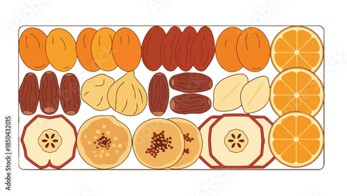 A vibrant illustrative arrangement of dehydrated and fresh fruits for a balanced healthy diet and nutritious snacking. A wholesome nutritional mix