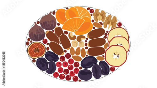 Nutrient-rich assorted platter of dried fruits and natural nuts, a wholesome snack for healthy living