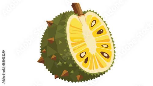 Graphic representation of a half-cut tropical durian fruit revealing its distinctive spiky green shell and segmented yellow edible flesh, showcasing