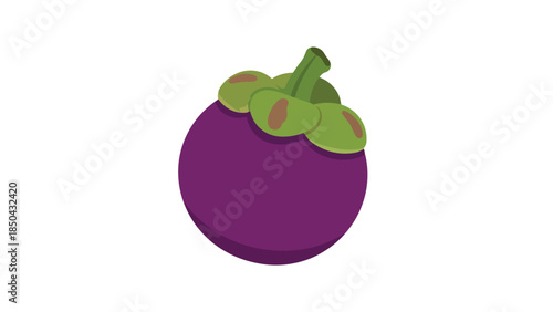 Vibrant purple mangosteen tropical fruit illustration with green calyx isolated on a clean white background showcasing exotic healthy snack qualities