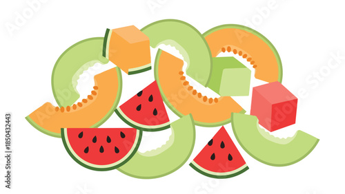 Vibrant fruit medley of watermelon, orange melon, and green melon slices and cubes, artfully arranged.