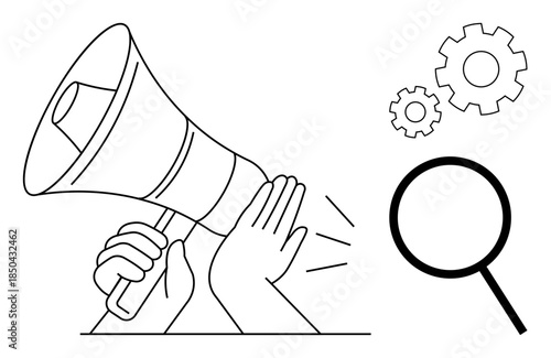 Hands holding megaphone emphasizing loud communication, magnifying glass indicating analysis, and gears for teamwork and processes. Ideal for marketing, research, problem-solving, strategy, teamwork