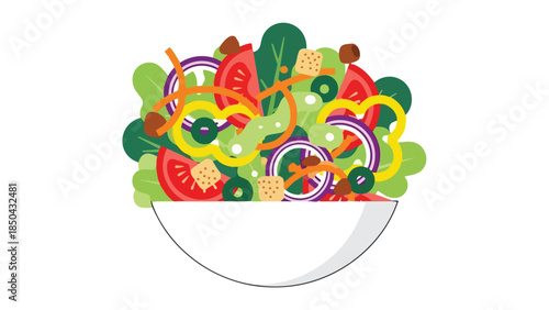 Fresh garden salad vector art in white bowl, crisp lettuce, red tomatoes, purple onions, yellow peppers, green olives, and crunchy croutons
