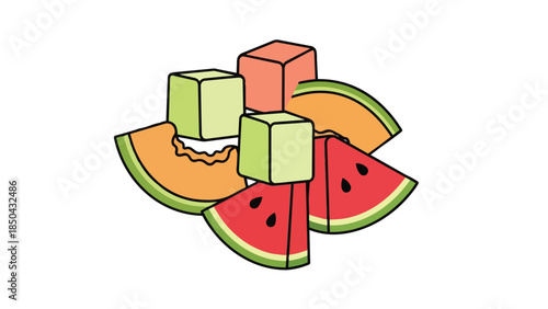 Vibrant cartoon illustration of fresh fruit assortment with watermelon, cantaloupe, and fruit cubes