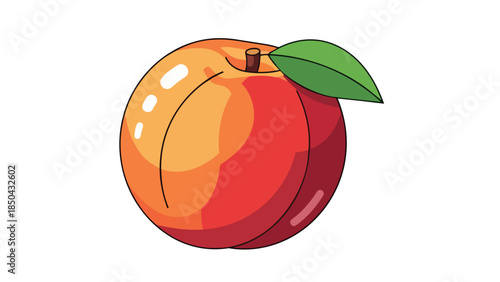 A vibrant, fresh, cartoon peach illustration showcases its natural beauty with smooth orange-red gradient, green leaf, stem, conveying wholesome